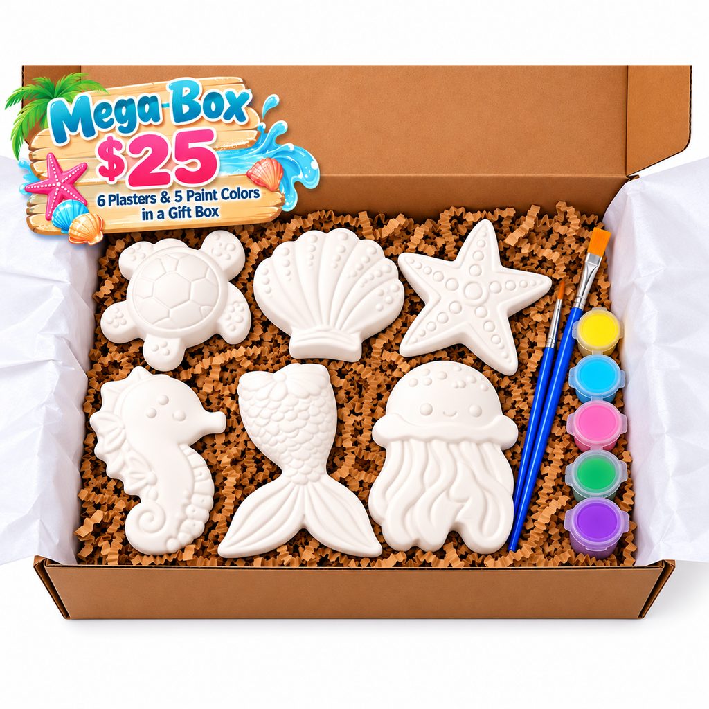 Beach Mega Box with six sea-themed plaster pieces, five paint colors and two paintbrushes in a gift box.
