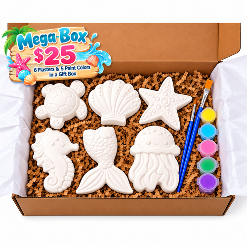 Beach Mega Box with six sea-themed plaster pieces, five paint colors and two paintbrushes in a gift box.
