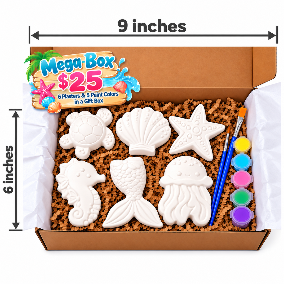 Beach Mega Box with six sea-themed plaster pieces, five paint colors and two brushes in a gift box measuring 9 by 6 inches.
