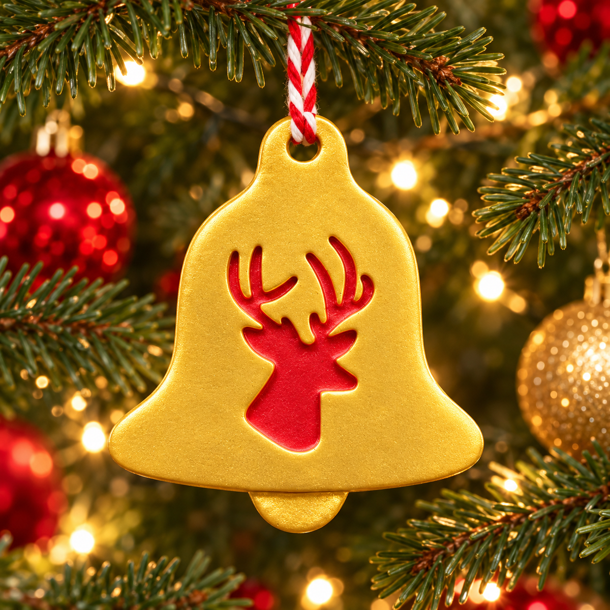 A gold Christmas bell ornament with a red reindeer silhouette hanging from a red-and-white striped ribbon on a decorated Christmas tree with warm lights.
