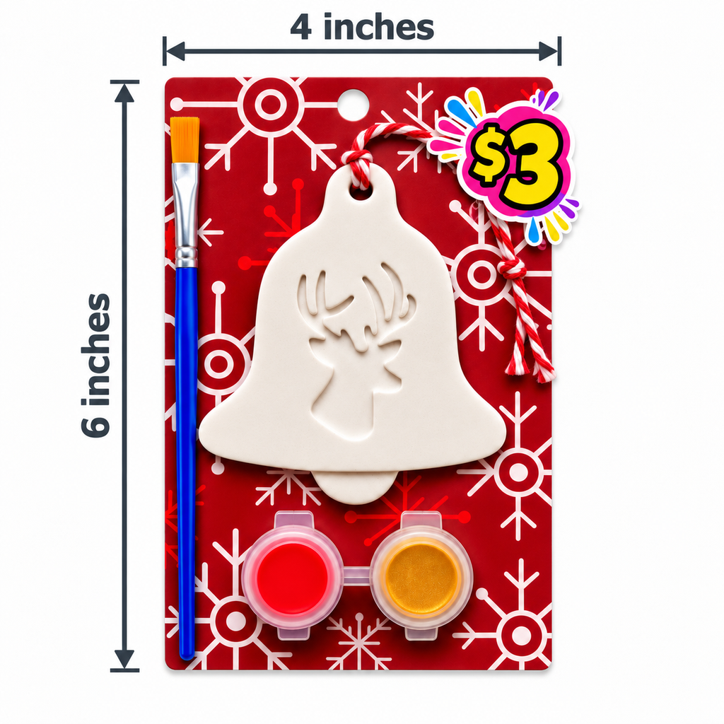 Christmas bell ornament paint kit with two paints and a brush, on a card measuring 4 inches wide by 6 inches tall.