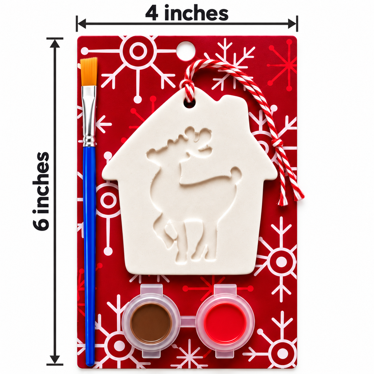 Christmas house ornament paint kit with two paints and a brush, on a card measuring 4 inches wide by 6 inches tall.