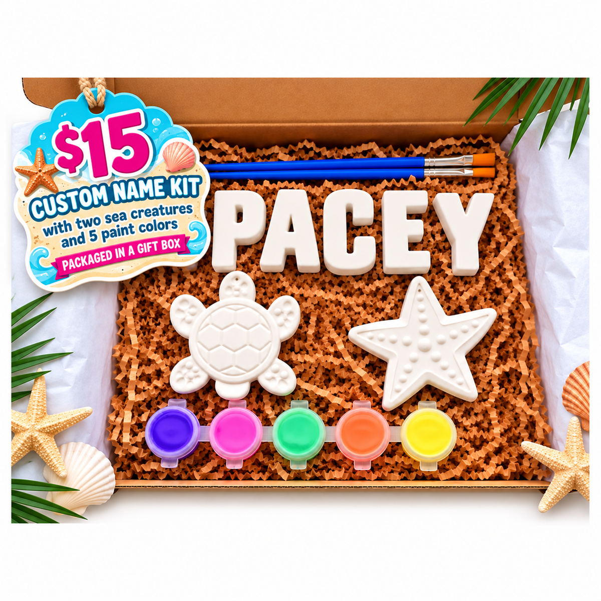 Beach custom name paint kit with plaster letters, large turtle and starfish, five paint colors and two brushes in a gift box.
