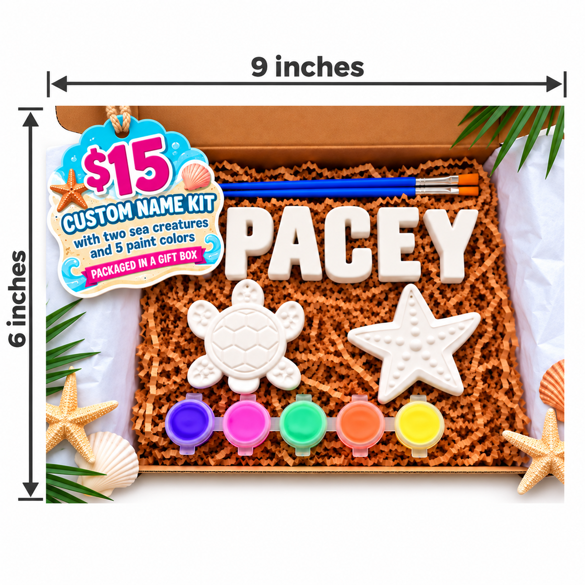Beach custom name paint kit with turtle and starfish plasters, five paints and two brushes in a 9-by-6-inch gift box.