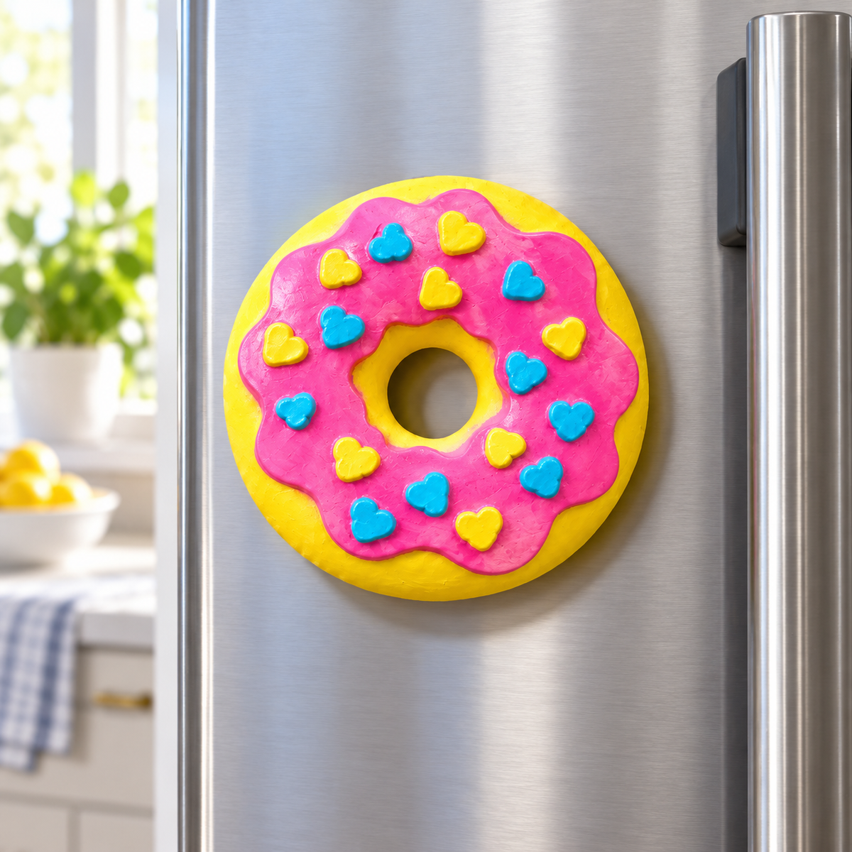 A donut-shaped refrigerator magnet with pink frosting, yellow icing, and blue and yellow heart sprinkles, attached to a stainless steel refrigerator door in a bright kitchen.