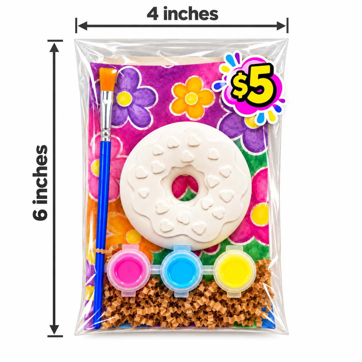Plaster donut paint kit with three paint colors and a brush, in packaging measuring 4 inches wide by 6 inches tall.