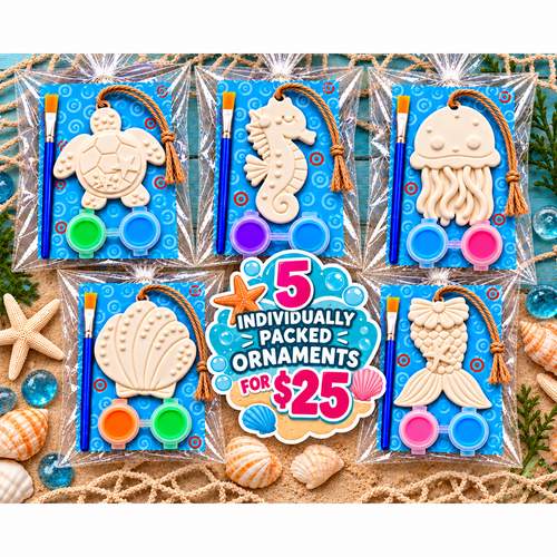 Five individually wrapped beach plaster ornament kits: turtle, seahorse, jellyfish, shell and mermaid tail, with paints and brushes.