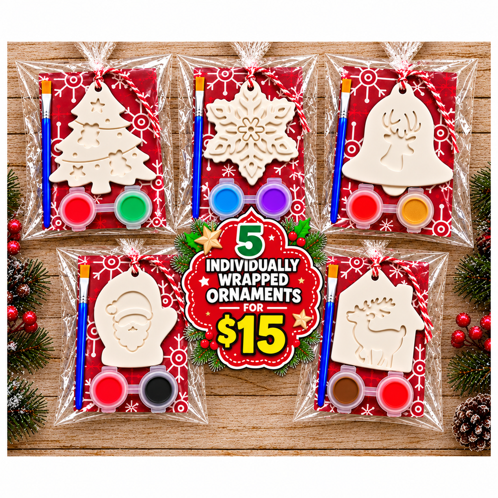 Five individually wrapped Christmas plaster ornament kits, each with two paint colors and a paintbrush.