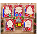Five individually wrapped Christmas plaster ornament kits, each with two paint colors and a paintbrush.