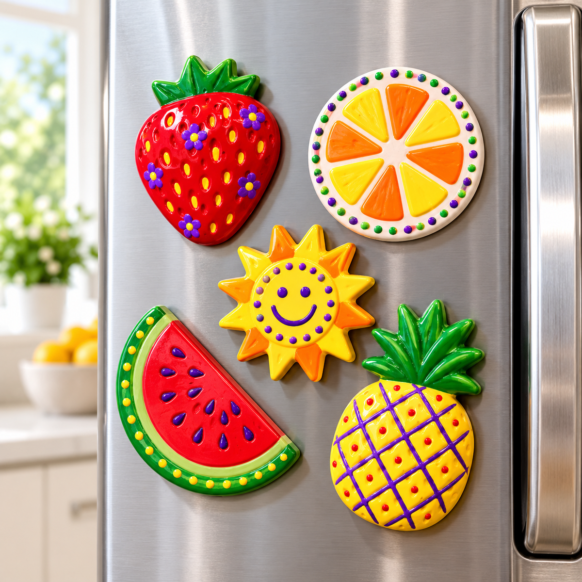 Five plaster fruit and sun magnets painted purple, green, red, orange, and yellow, displayed on a stainless steel refrigerator.
