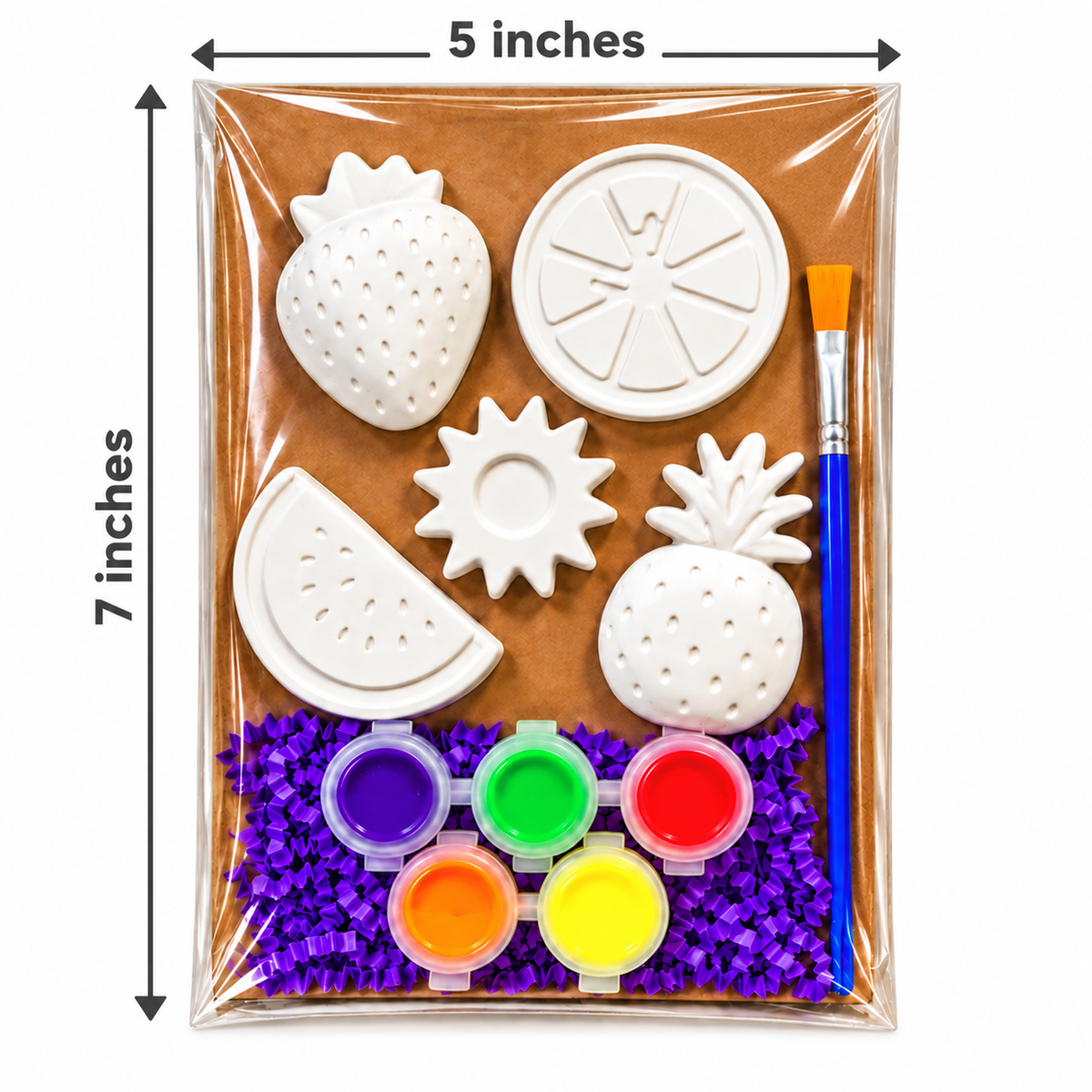 Fruit-themed plaster painting kit in packaging measuring 5 inches wide by 7 inches tall, with five shapes, five paints, and a brush.