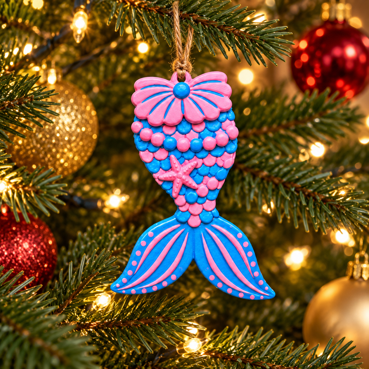 A mermaid tail Christmas ornament hanging from a tree branch, decorated with pink and blue patterns and a starfish detail, surrounded by a lit Christmas tree with gold and red ornaments.