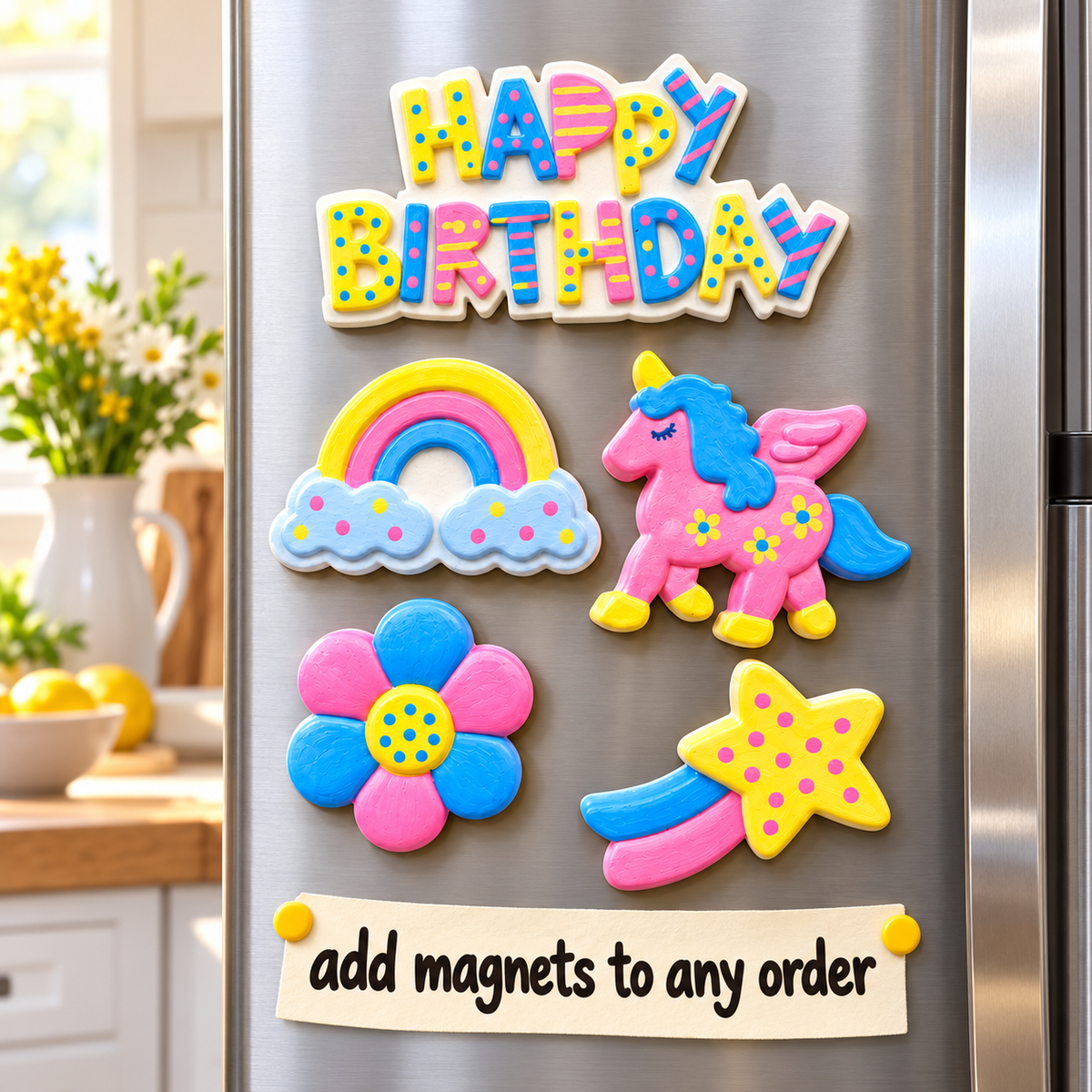 Colorful birthday-themed refrigerator magnets arranged on a stainless steel fridge, including a rainbow, unicorn, flower, star, and a 'HAPPY BIRTHDAY' sign, with a note that says 'add magnets to any order'.
