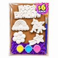 Happy Birthday plaster paint kit with unicorn, rainbow, shooting star and flower, three paint colors and a brush.