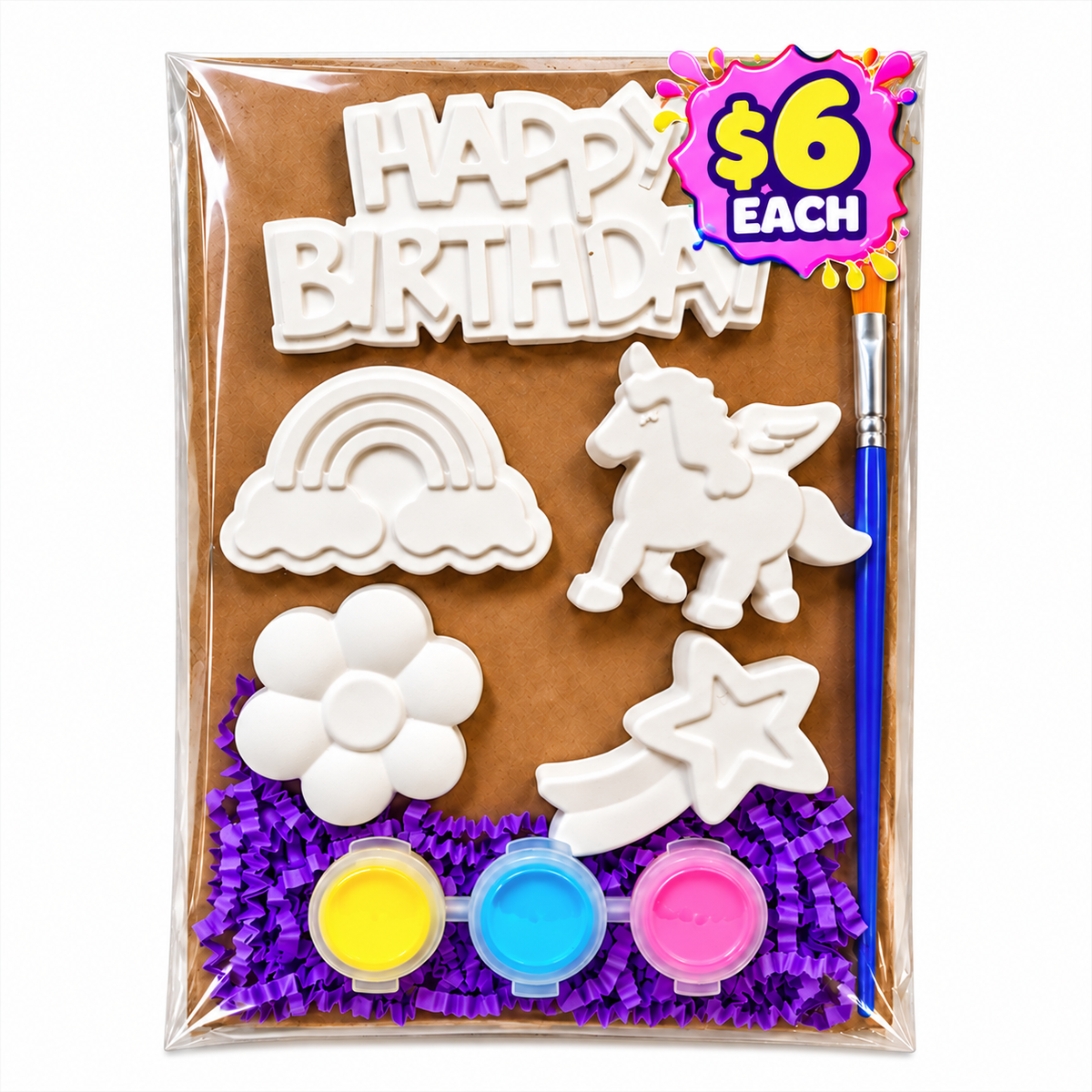 Happy Birthday plaster paint kit with unicorn, rainbow, shooting star and flower, three paint colors and a brush.