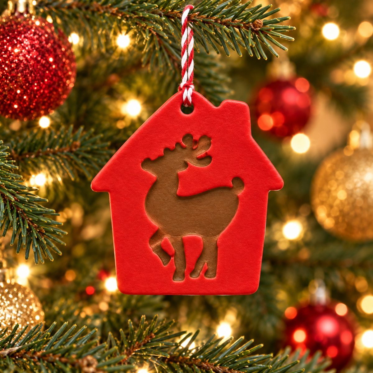 A red house-shaped Christmas ornament with a cutout reindeer silhouette, hanging from a red-and-white striped string on a decorated Christmas tree with warm lights and ornaments.