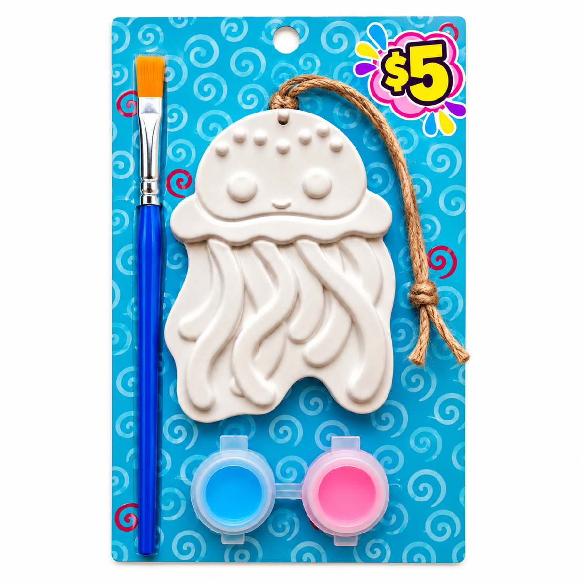 Plaster jellyfish ornament paint kit with hanging twine, two paint colors and a paintbrush on a blue swirl background.