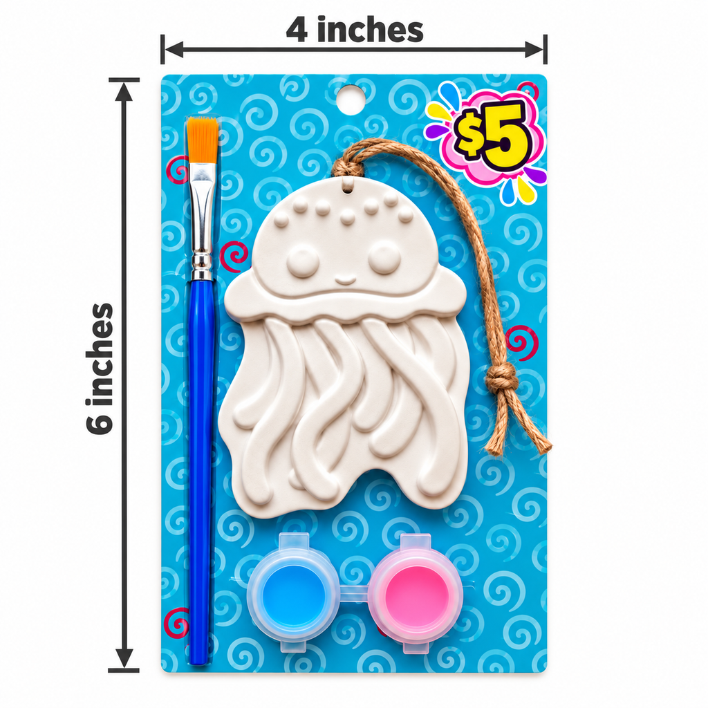 Jellyfish ornament paint kit with two paint colors and a brush, shown with dimensions of 4 inches wide by 6 inches tall.