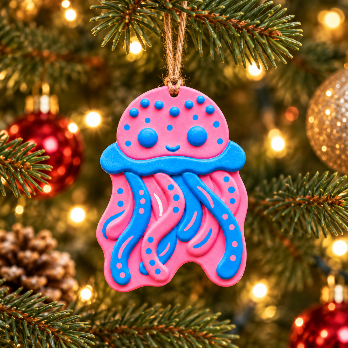 A pink and blue jellyfish-shaped Christmas ornament hanging from a pine tree branch with warm string lights and holiday ornaments in the background.