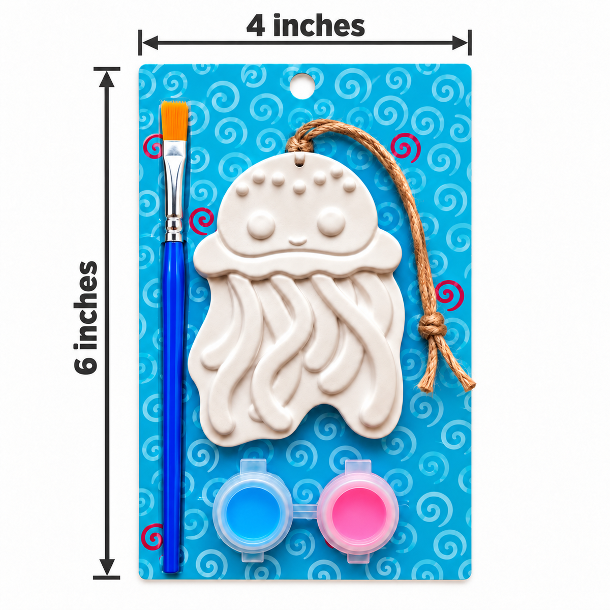 Jellyfish plaster paint kit on a blue patterned backing card, including a white plaster jellyfish, a blue paintbrush with an orange tip, and two small paint pots in blue and pink. Black dimension lines show 4 inches wide and 6 inches tall.