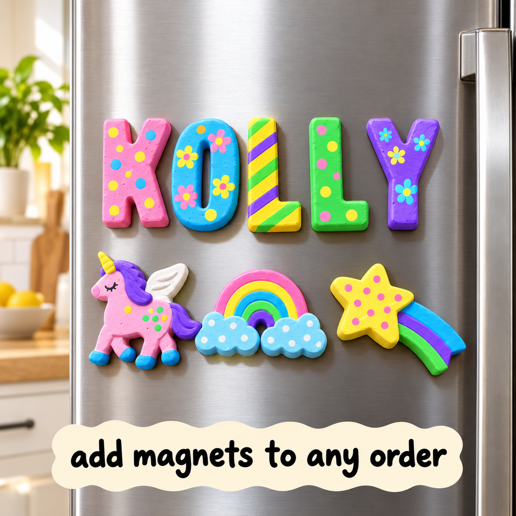 Colorful refrigerator magnets spelling 'KOLLY' and featuring a unicorn, rainbow, and star, displayed on a stainless steel refrigerator with a text overlay at the bottom.