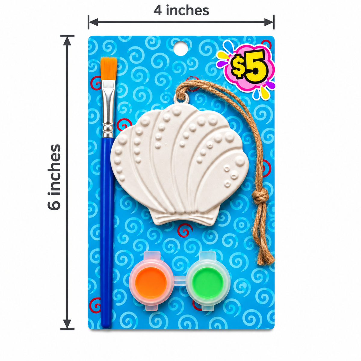 Seashell ornament paint kit with two paint colors and a brush, shown with dimensions of 4 inches wide by 6 inches tall.
