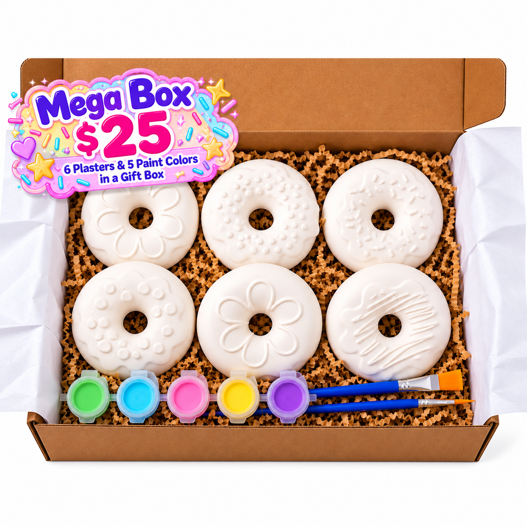 Donut Mega Box paint kit with six plaster donuts, five paint colors and two paintbrushes in a gift box.