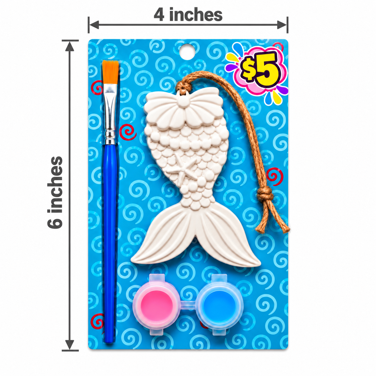 Mermaid tail ornament paint kit with two paint colors and a brush, shown on a card measuring 4 inches wide by 6 inches tall.