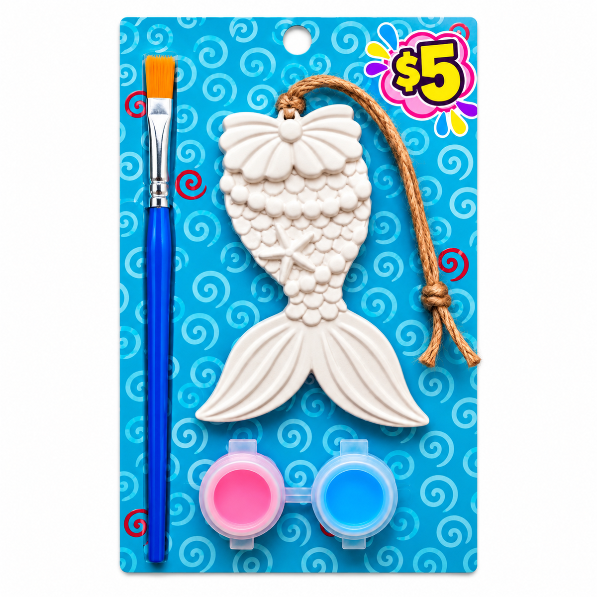 Plaster mermaid tail ornament with hanging twine, pink and blue paints and a paintbrush on a blue swirl background.
