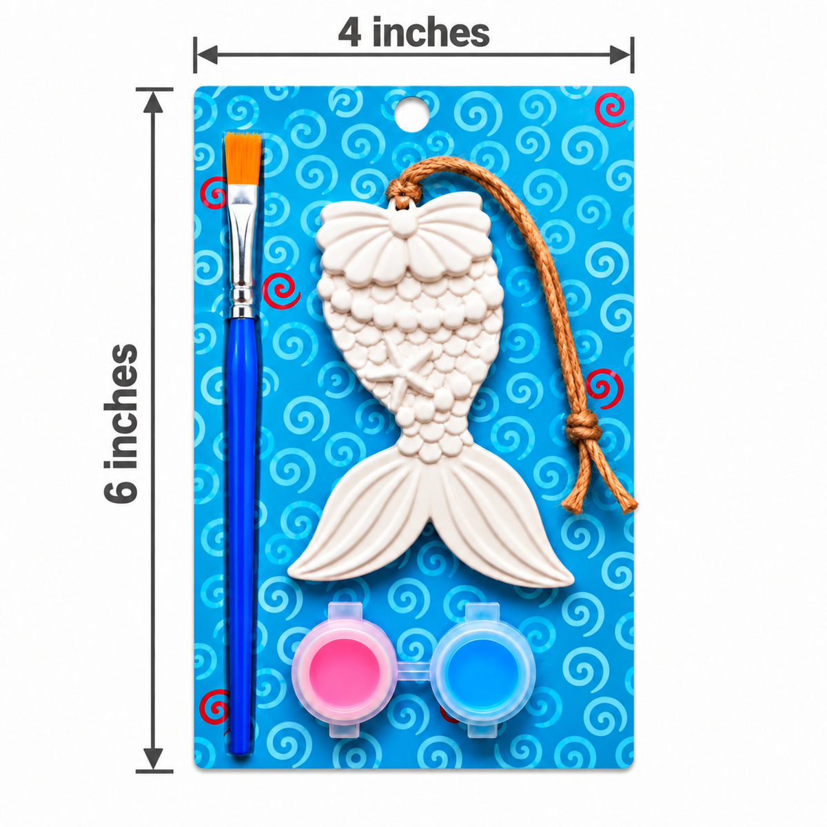 Mermaid plaster paint kit on a blue patterned backing card, shown with a white mermaid tail ornament, a blue paintbrush with orange bristles, and two small paint pots in pink and blue. Black dimension lines indicate 4 inches width and 6 inches height.