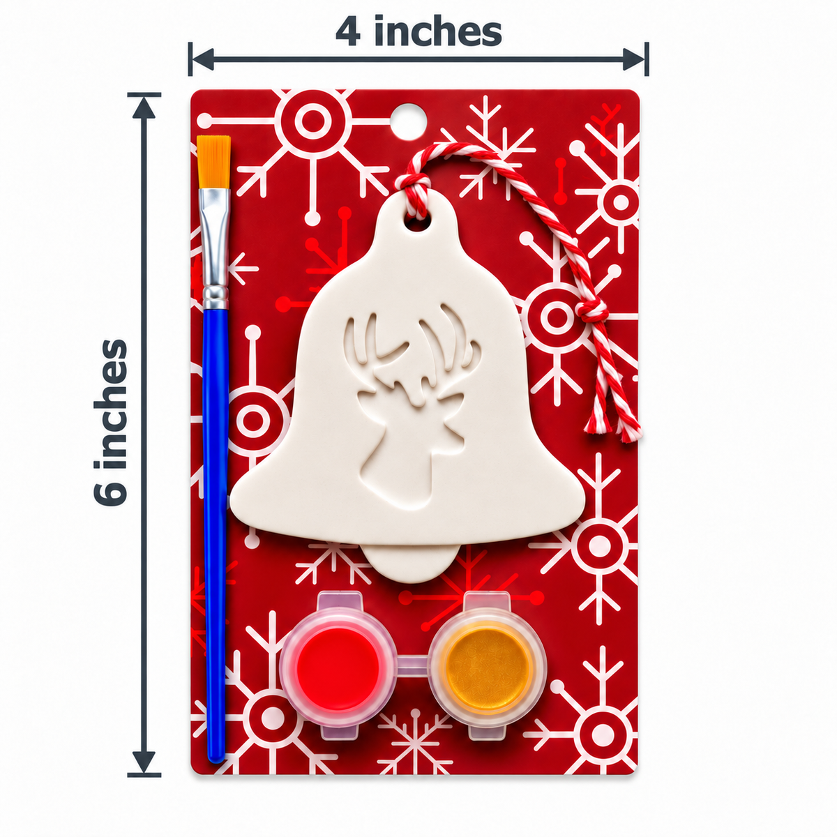 Christmas bell  painting plaster kit on a red patterned backing card, shown with dimension markers indicating 4 inches wide by 6 inches tall. The kit includes a white unglazed plaster bell with a reindeer cutout, a blue-handled paintbrush, and two small paint pots with red and yellow paint.