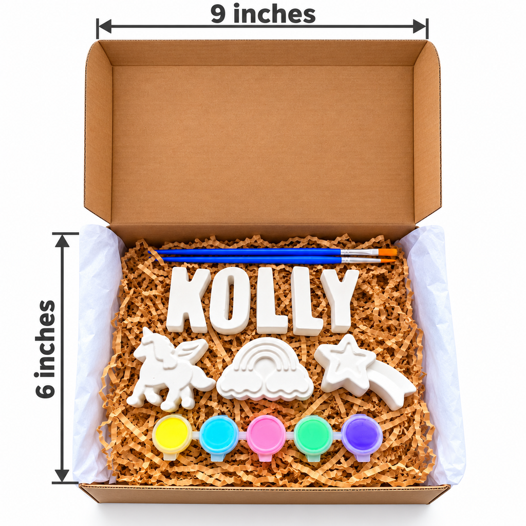 Unicorn custom name paint kit with three extra plaster shapes, five paints and two brushes in a gift box measuring 9 by 6 inches.