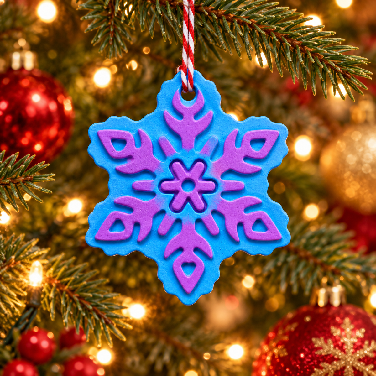 A blue and purple snowflake-shaped Christmas ornament hanging from a green Christmas tree branch with warm string lights and red ornaments in the background.