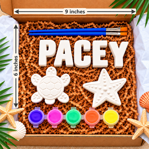 A personalized plaster painting kit displayed in a gift box, featuring the name 'PACEY' in white lettering, a white turtle and starfish plaster, a paintbrush, and five small paint pots. The box is shown with dimension markers indicating 9 inches by 6 inches, surrounded by decorative seashells and palm leaves.