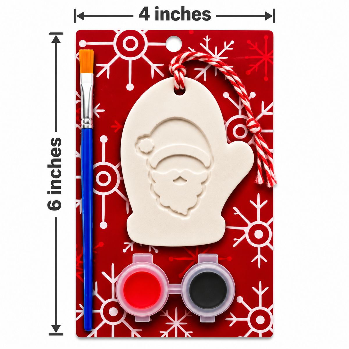 Santa mitten ornament paint kit with two paints and a brush, on a card measuring 4 inches wide by 6 inches tall.