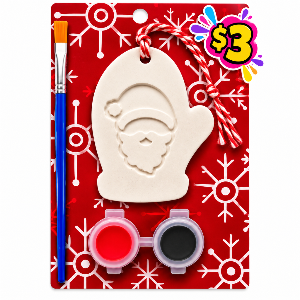 Santa mitten plaster ornament kit with red and black paints and a paintbrush on a red snowflake card.