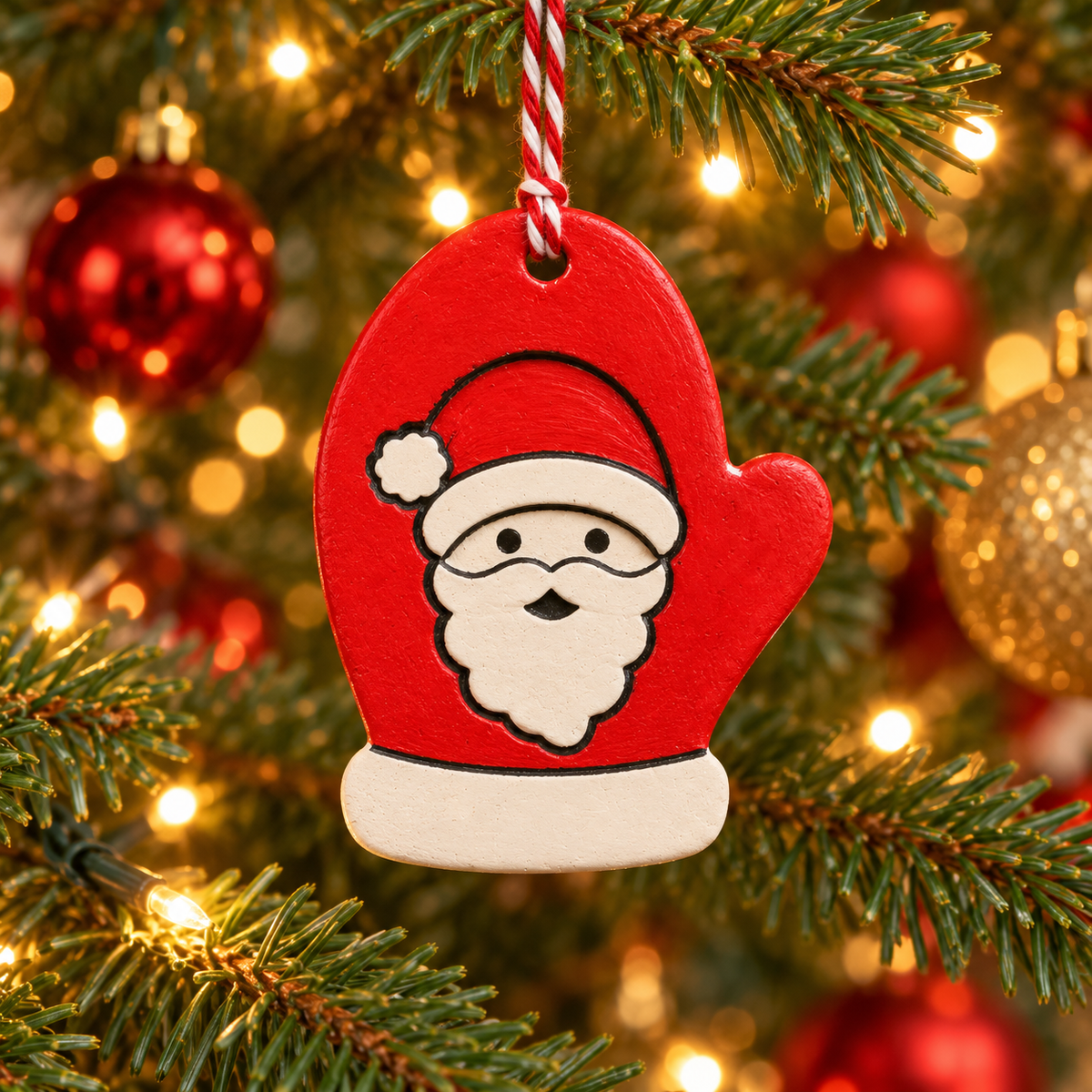 A red Christmas ornament shaped like a mitten with a painted Santa face, hanging from a red-and-white striped string on a lit Christmas tree with green branches and ornaments.