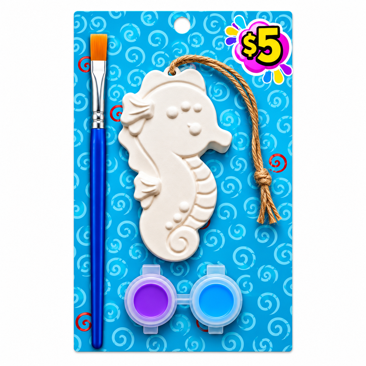 Plaster seahorse ornament with hanging twine, purple and blue paints and a paintbrush on a blue swirl background.