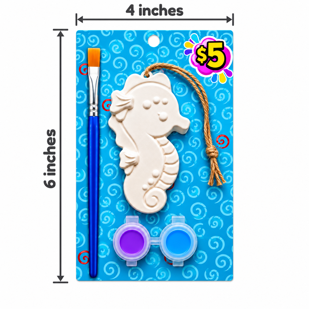 Seahorse ornament paint kit with two paint colors and a brush, shown on a card measuring 4 inches wide by 6 inches tall.