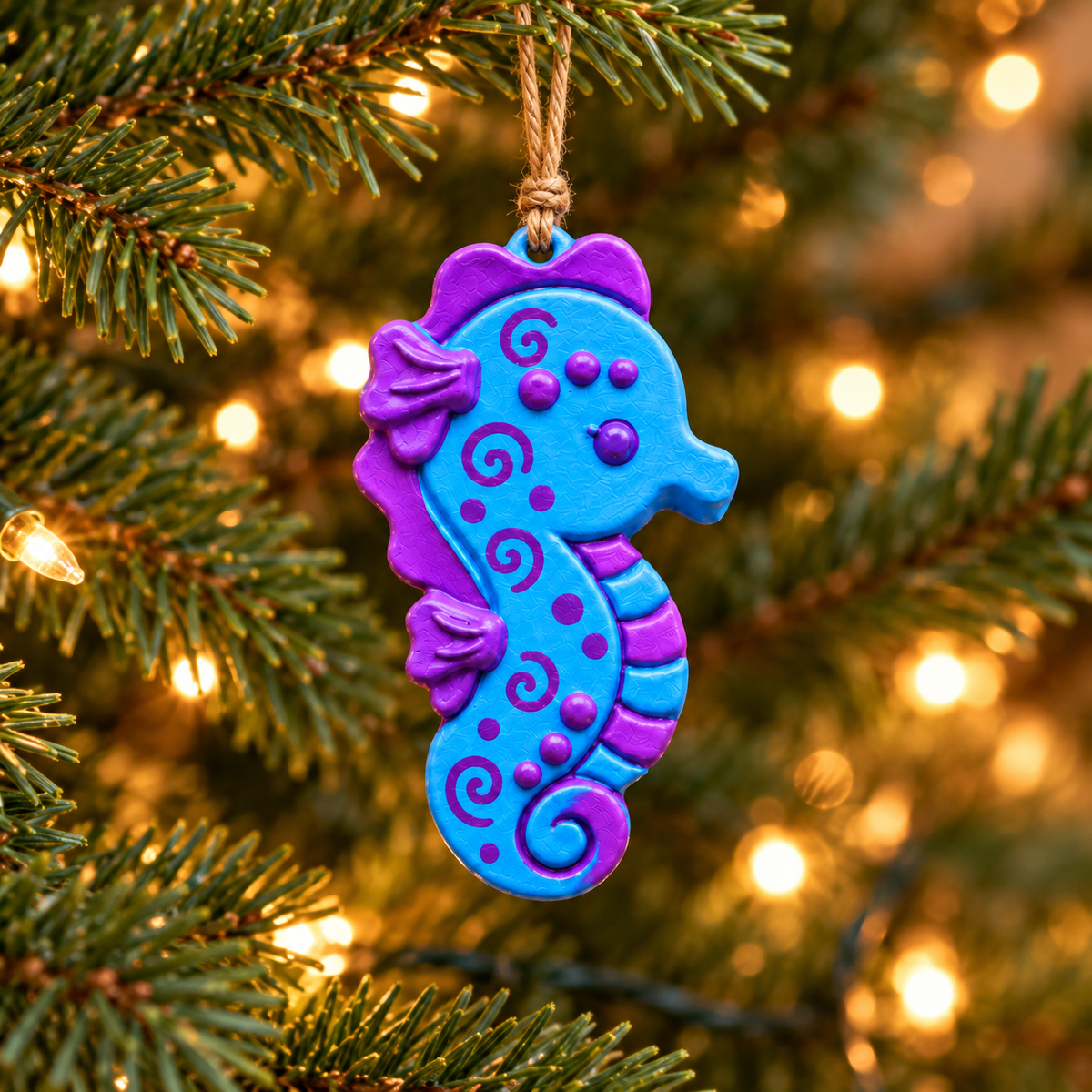 A seahorse-shaped Christmas ornament hanging from a tree branch, decorated with bright blue and purple swirls, dots, and stripes, with warm bokeh lights in the background.