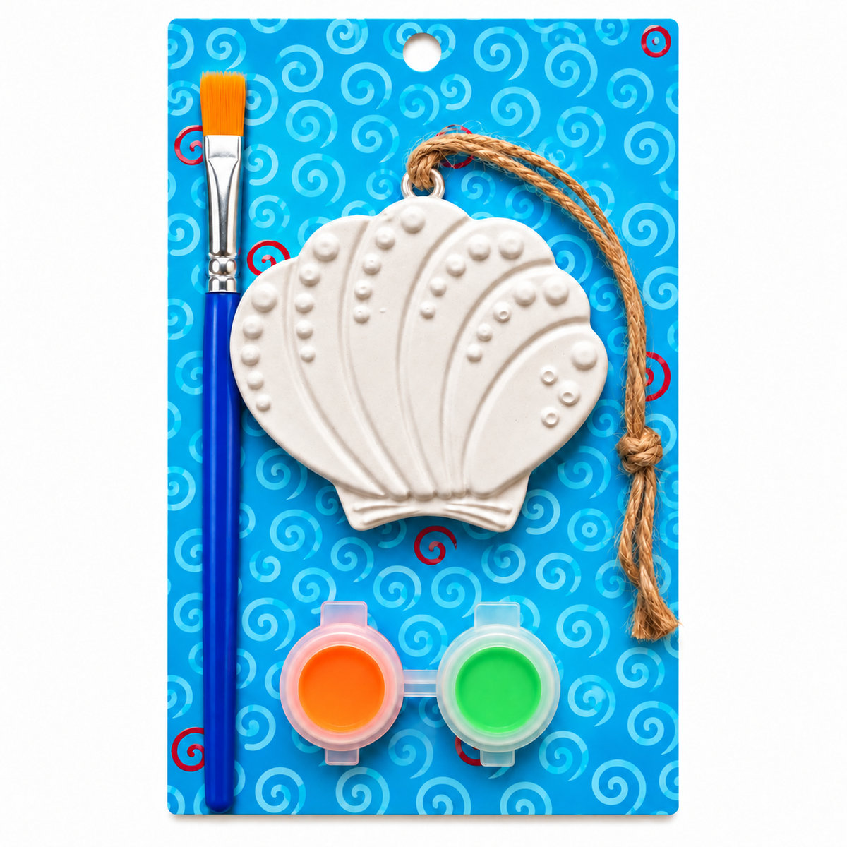 A children's seashell plaster craft kit on a blue patterned backing card, including a white seashell ornament with twine loop, a blue paintbrush with an orange bristle, and two small paint pots with orange and green paint.