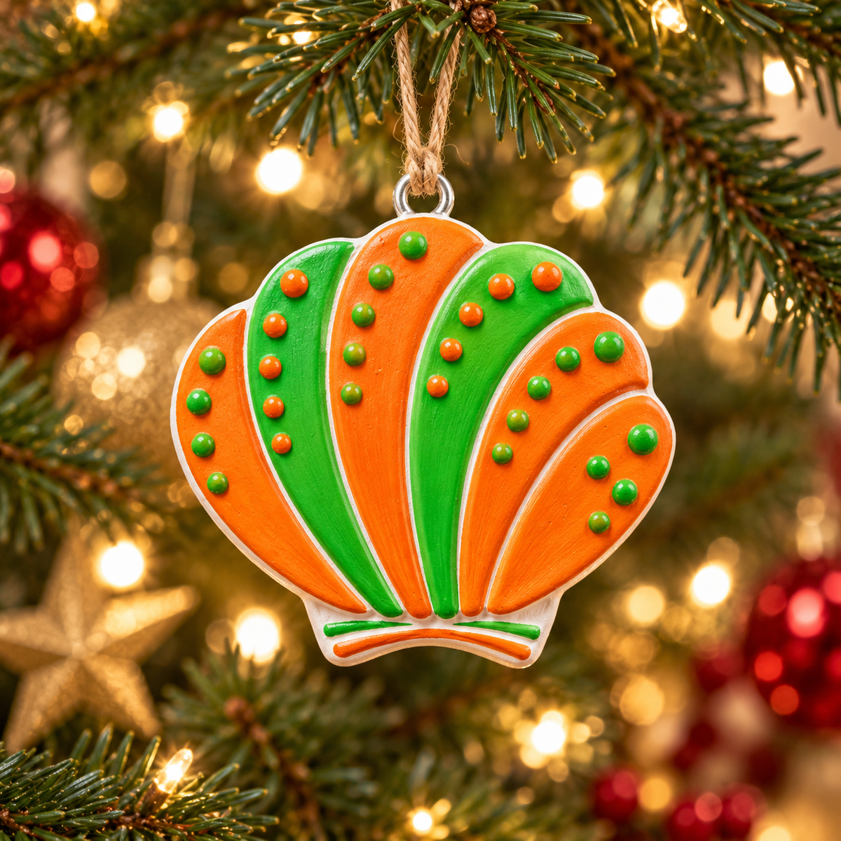 A Christmas ornament shaped like a seashell with orange and green icing stripes and small green dots, hanging from a pine tree branch with warm holiday lights in the background.