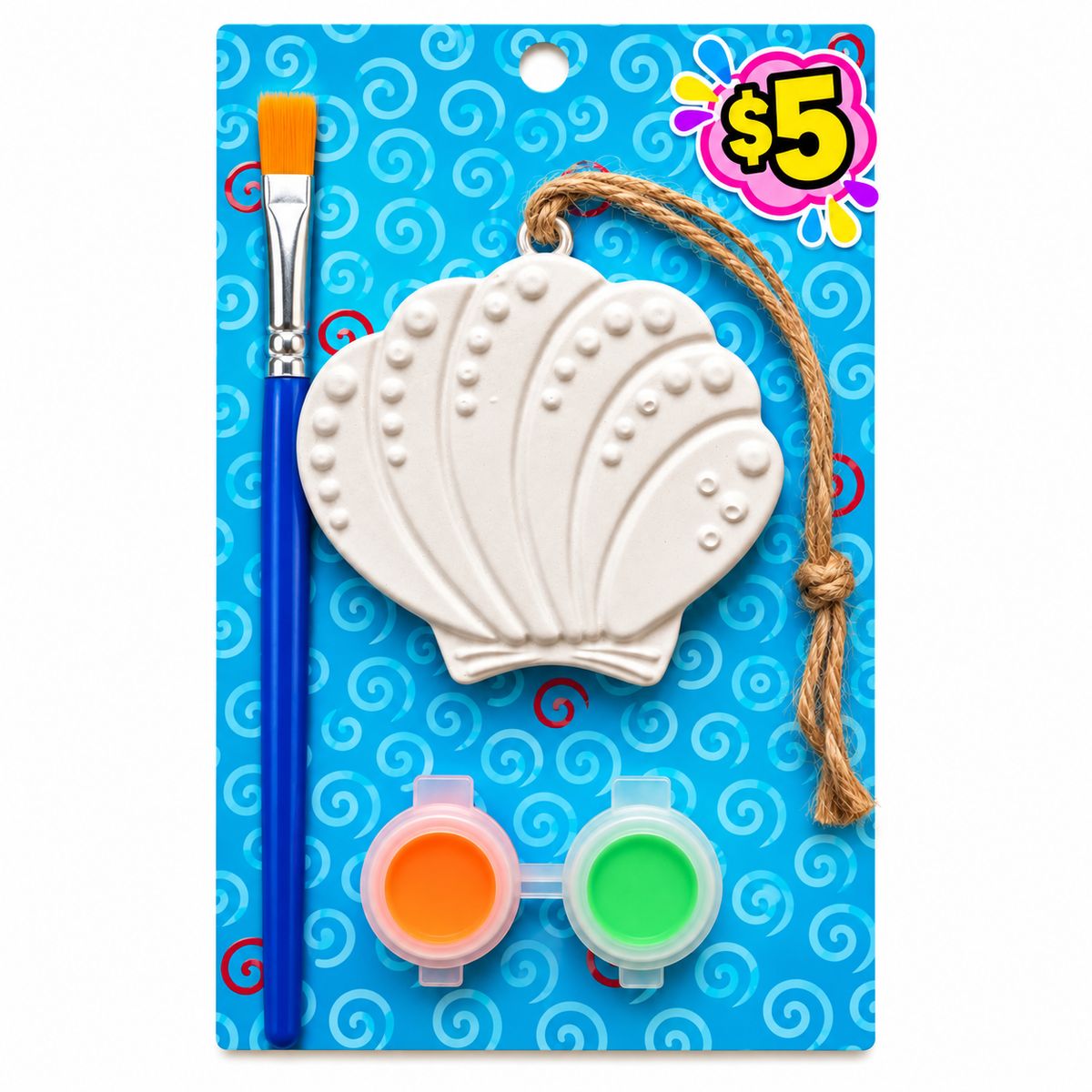 Plaster seashell ornament with hanging twine, orange and green paints and a paintbrush on a blue swirl background.