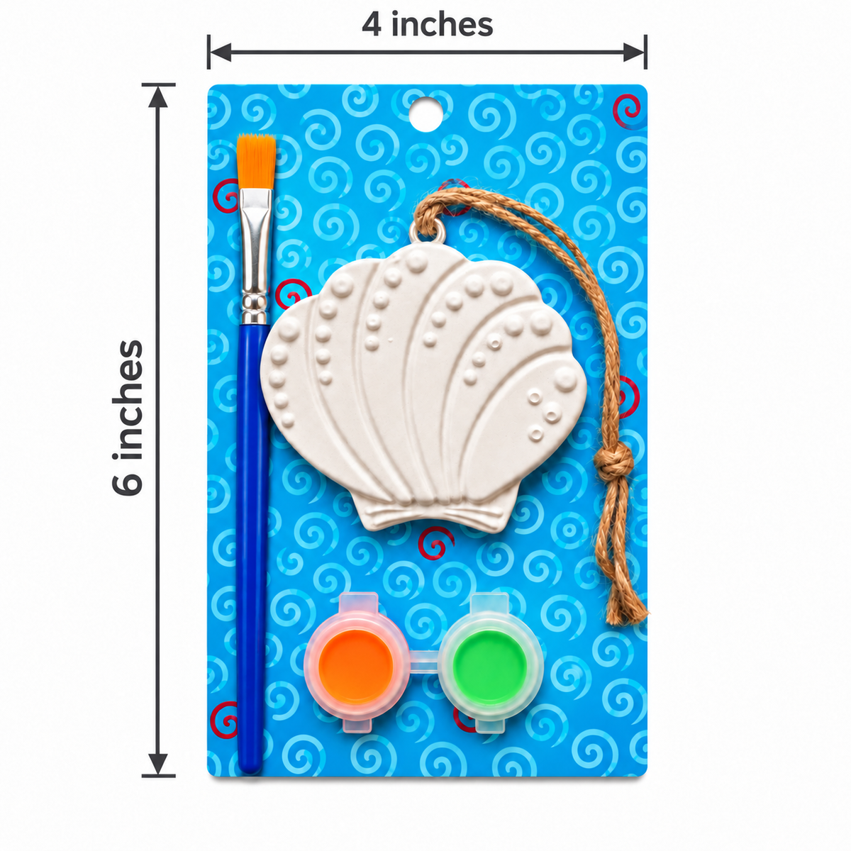 A seashell-shaped plaster craft ornament kit on a blue patterned backing card, shown with a paintbrush and two small paint pots. Black dimension lines indicate 6 inches height and 4 inches width.