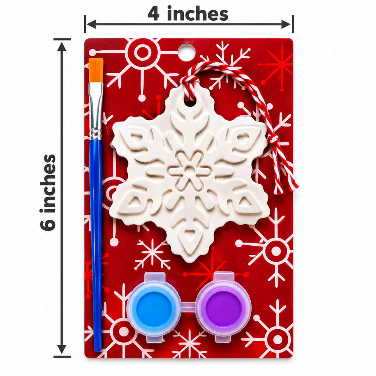 Snowflake ornament paint kit with two paints and a brush, on a card measuring 4 inches wide by 6 inches tall.