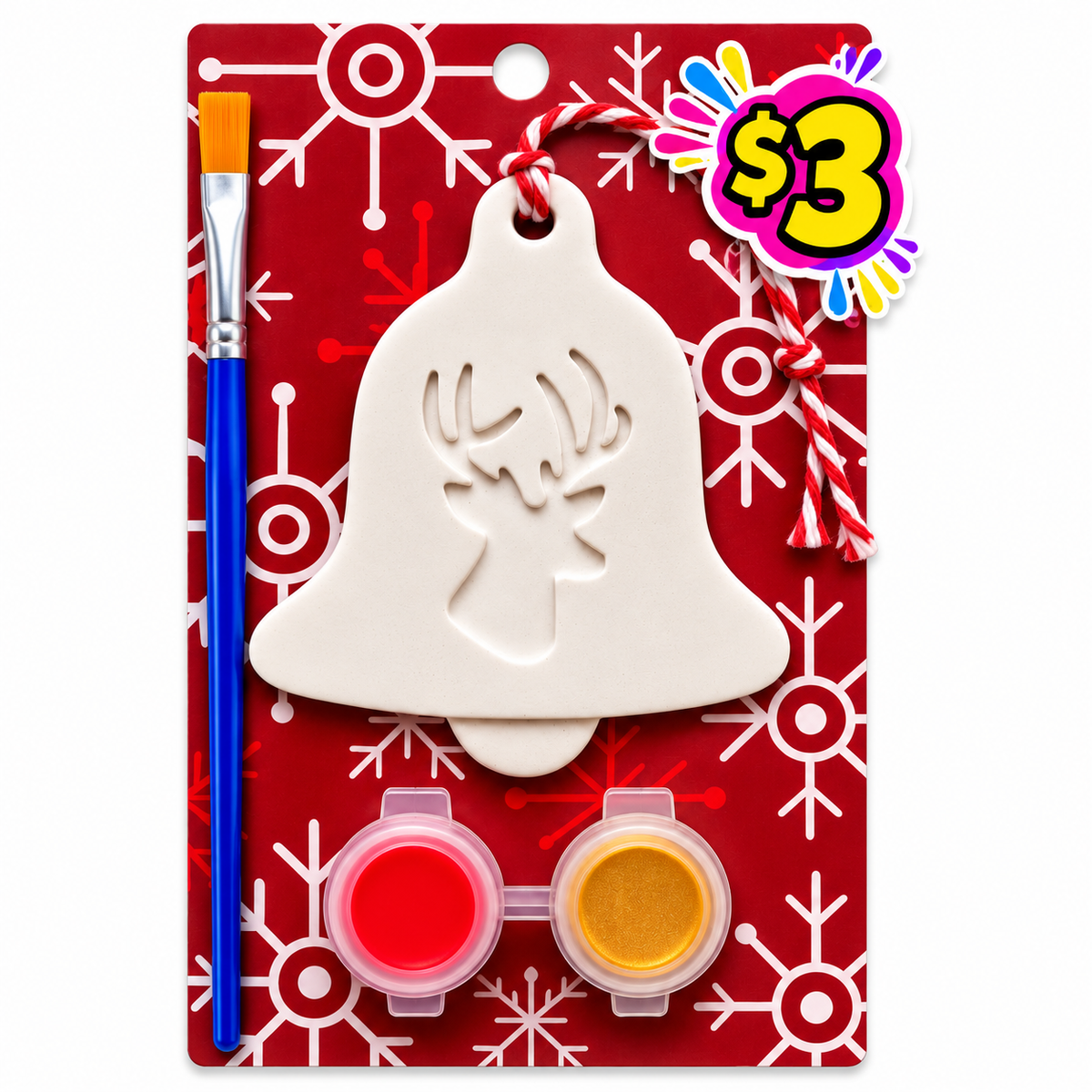 Christmas bell plaster ornament kit with reindeer design, red and gold paints and a paintbrush on a red snowflake card.