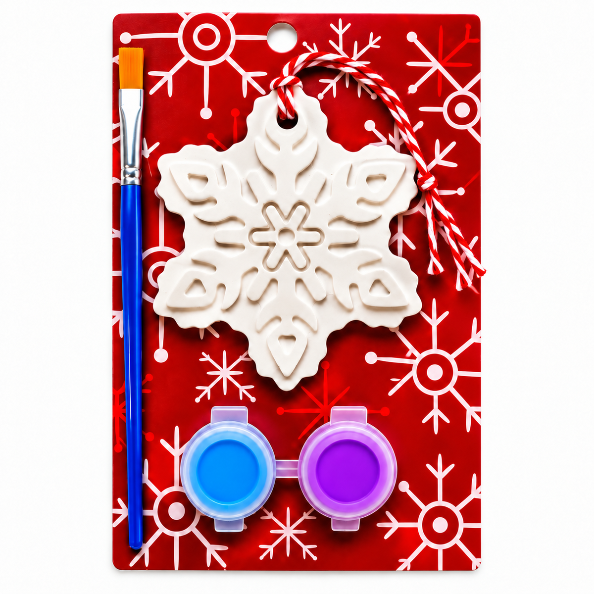 A festive holiday plaster craft kit on a red backing card, featuring a white snowflake ornament, a blue-handled paintbrush, and two small paint pots with blue and purple paint.
