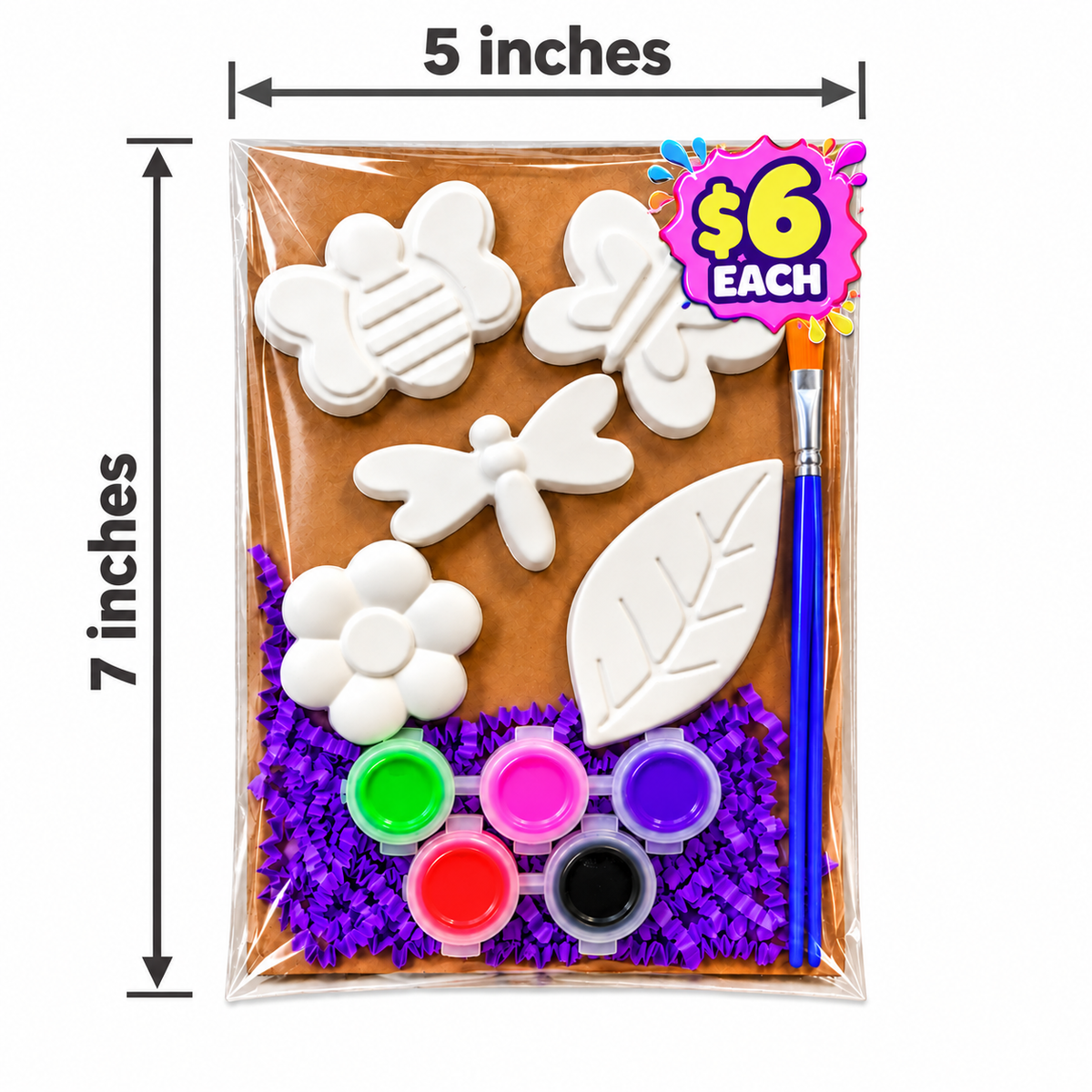 Spring plaster paint kit with five nature figures, five paint colors and a brush, in packaging measuring 5 by 7 inches.