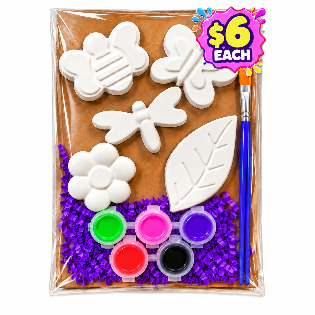 Spring plaster paint kit with bee, dragonfly, butterfly, leaf and flower figures, five paint colors and a paintbrush.