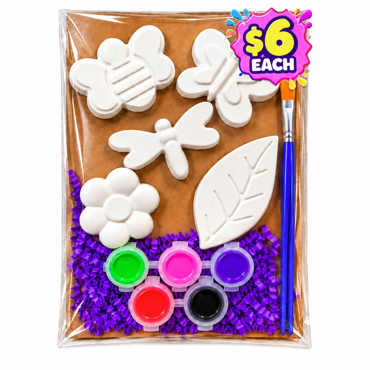 Spring plaster paint kit with bee, dragonfly, butterfly, leaf and flower figures, five paint colors and a paintbrush.
